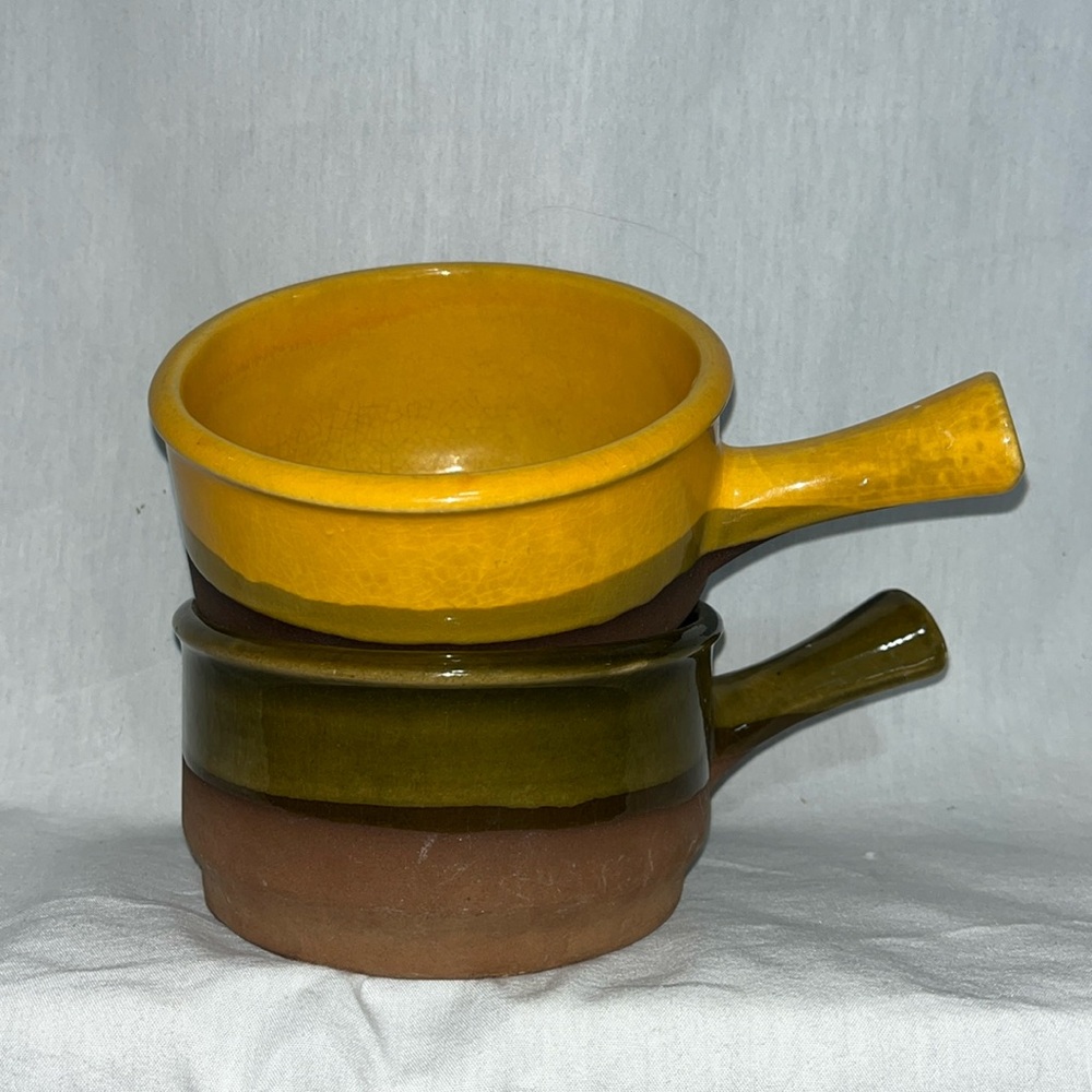 Set of 2 pottery soup bowls with handles